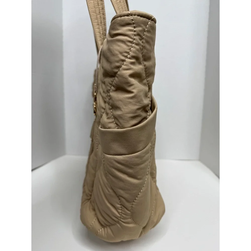 Lovevook Tan Quilted Nylon Tote Bag Padded Laptop Shoulder Bag Beige Large